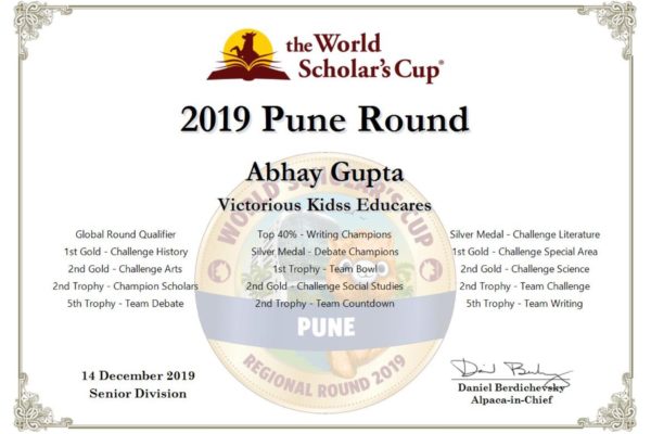 Abhay Gupta certificate - World's Scholar's Cup