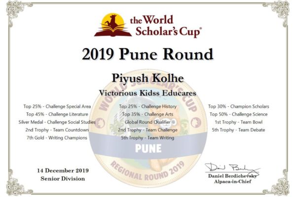 Piyush Kolhe Certificate - World's Scholar's Cup